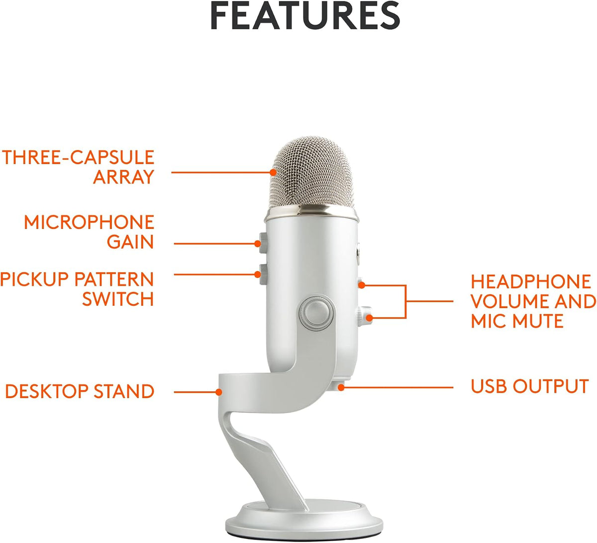 Micrófono Usb Logitech Blue Yeti Para Gaming Streaming Plateado